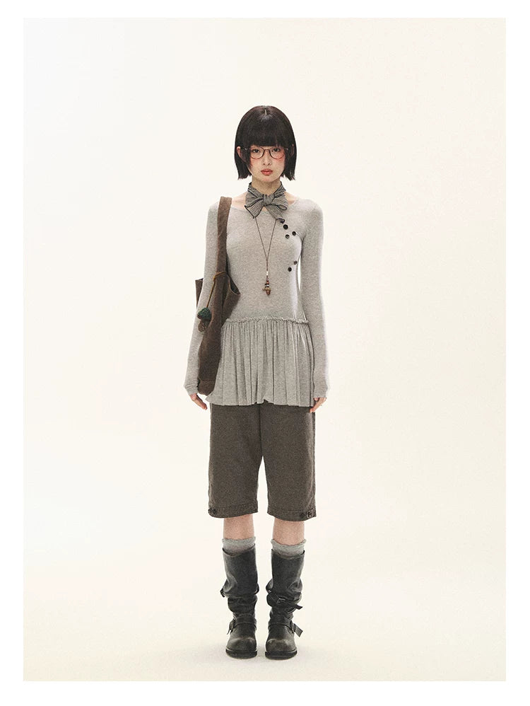 "Spring Memoir" TENCEL™ Wool Pleated Knit Midi Dress (Oat Gray/ Butter Cream)