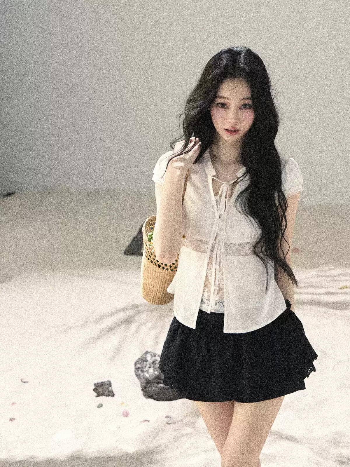 "Lace Between the Lines" Frost White Faux-Layer Cropped Shirt