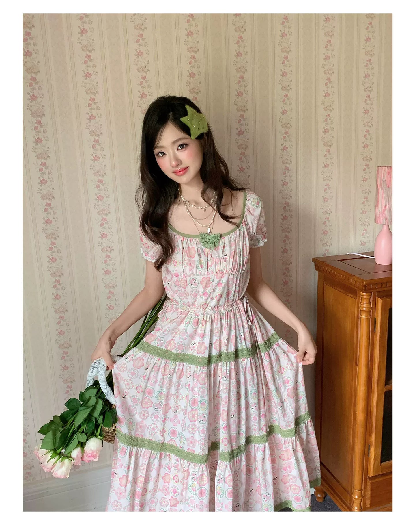 “Wildflower Green Grape” Pink Floral Tiered Dress