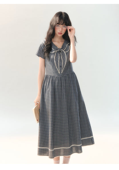 [CAN] "Firwood Plaid Tale" Blue Gray Plaid Lace Doll Collar Dress