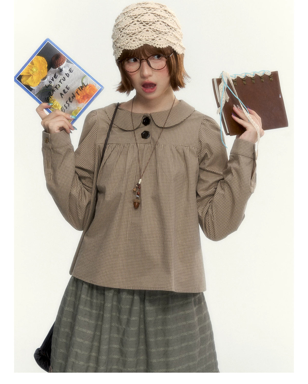 "The Vintage Darling" Light Coffee Plaid Cotton Peter Pan Collar Blouse