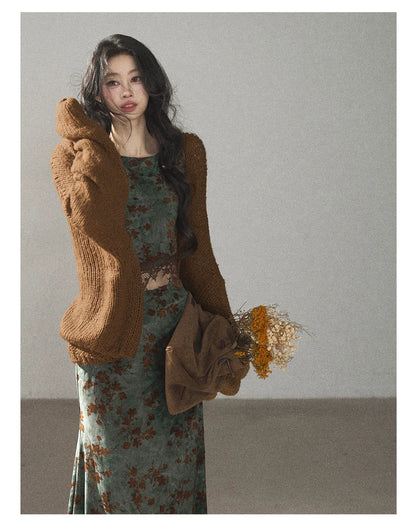 AOMALM - Olive Green Lace Floral Mermaid Maxi Dress