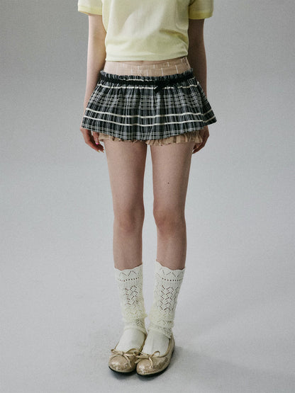 LOST FOREST - Black Plaid & Tea Brown Silk-Cotton Layered Skirt