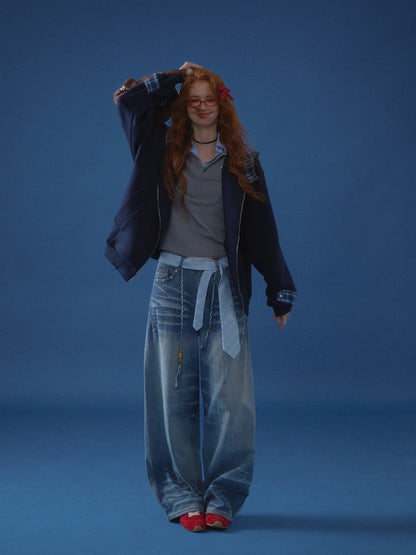 ASGONY - Plaid-Lined Oversized Hoodie Jacket (Navy)