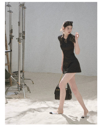 "Moonlit Rose Sonata" Tranquil Black Lace Mini Dress & Cape Set