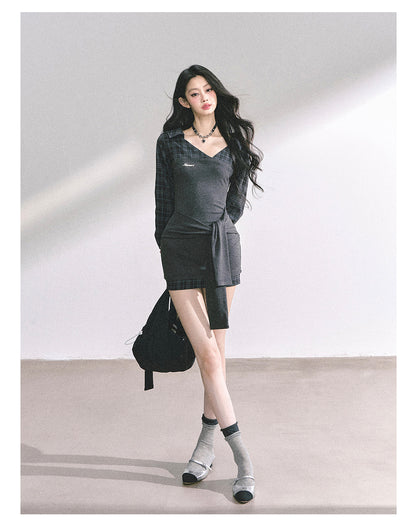 少也眼 “Campus Rebel" Checkered Bodycon Mini Dress - Gray 514354