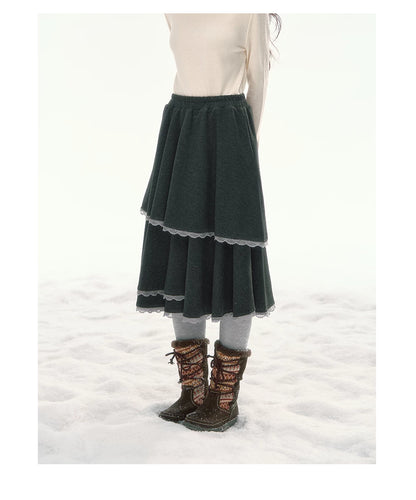 CANSTORE - "Shadow Muse" Dark Gray Layered Ruffle Midi Skirt with Lace Trim