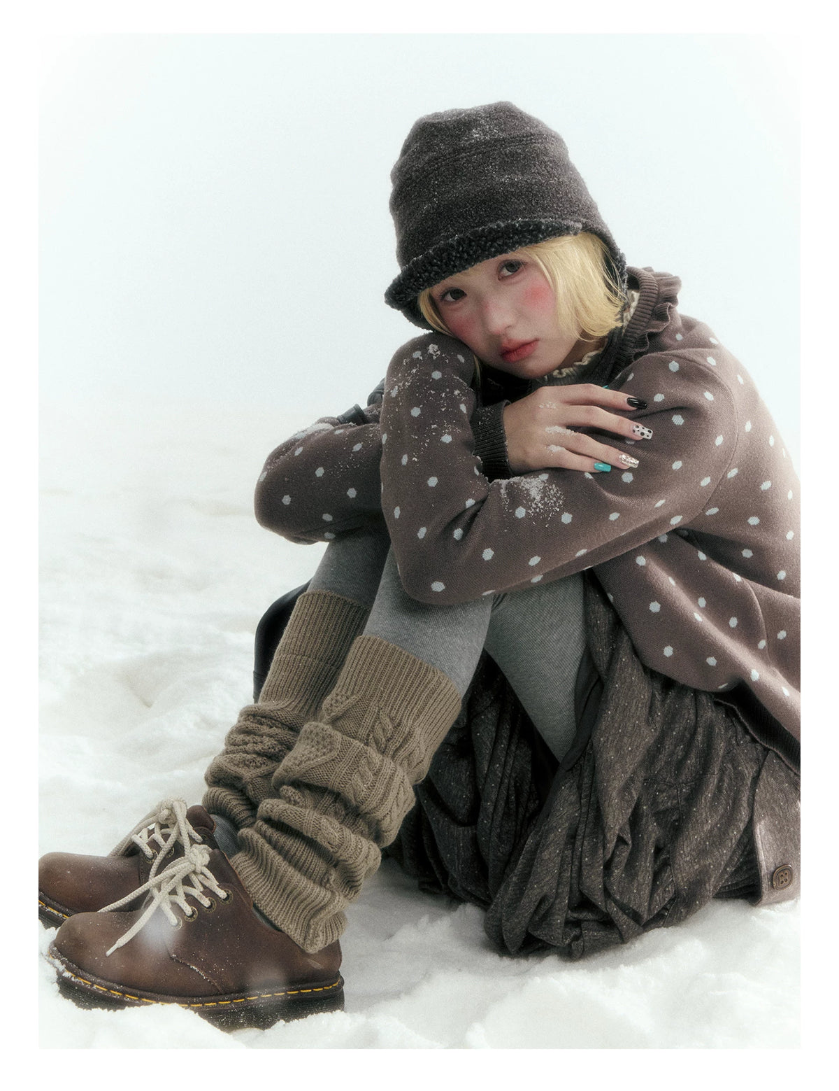 Dark Taupe Brown Polka Dot Layered Knit Sweater
