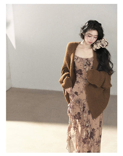 AOMALM - "Wildflower Date" Milk Tea Brown Ruffle Floral Maxi Dress (With Matching Hair Tie)