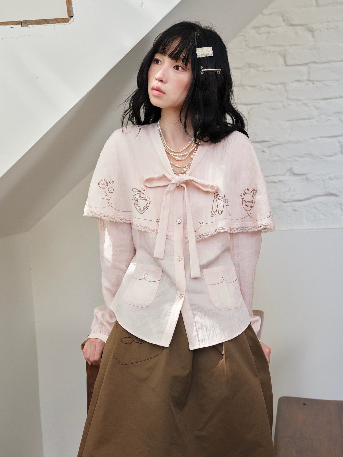 DAILY ARTIST - “Soft Pink Notes” Pink Vintage Tencel Lace Cape Blouse