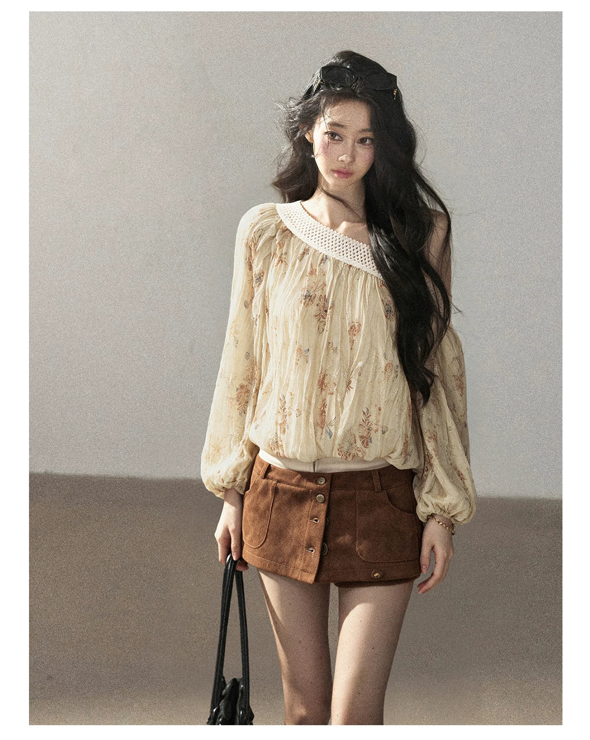 AOMALM - "Laurel's Sigh" Amber Yellow French-Inspired Asymmetrical Shoulder Floral Chiffon Blouse