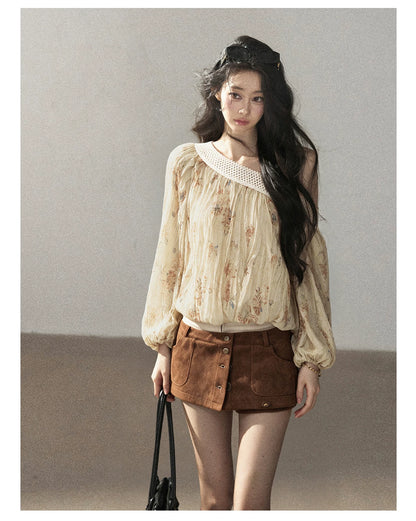 AOMALM - "Laurel's Sigh" Amber Yellow French-Inspired Asymmetrical Shoulder Floral Chiffon Blouse
