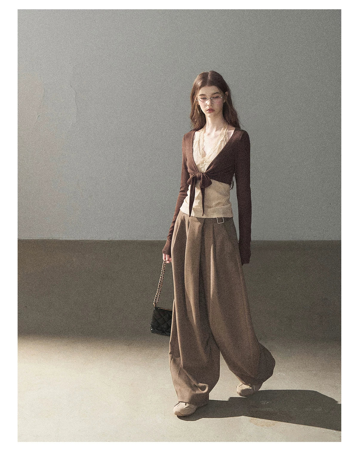 AOMALM - "A Touch of Autumn" Loose Relaxed Balloon Wide-Leg Pants With Belt (Dusty Taupe Brown / Quiet Black)