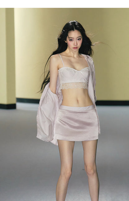 "Rosé Study Session" Pink Stripe Shirt, Lace Corset Cami & Champagne Skort Set
