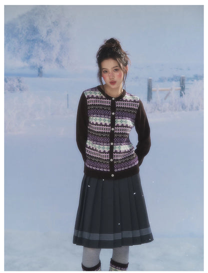 CANSTORE - "Coffee Grape" Fair Isle Brown Knit Cardigan