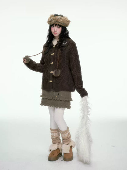 BIBIBENCY - Brown Cable-Knit Cardigan with Toggle Closures