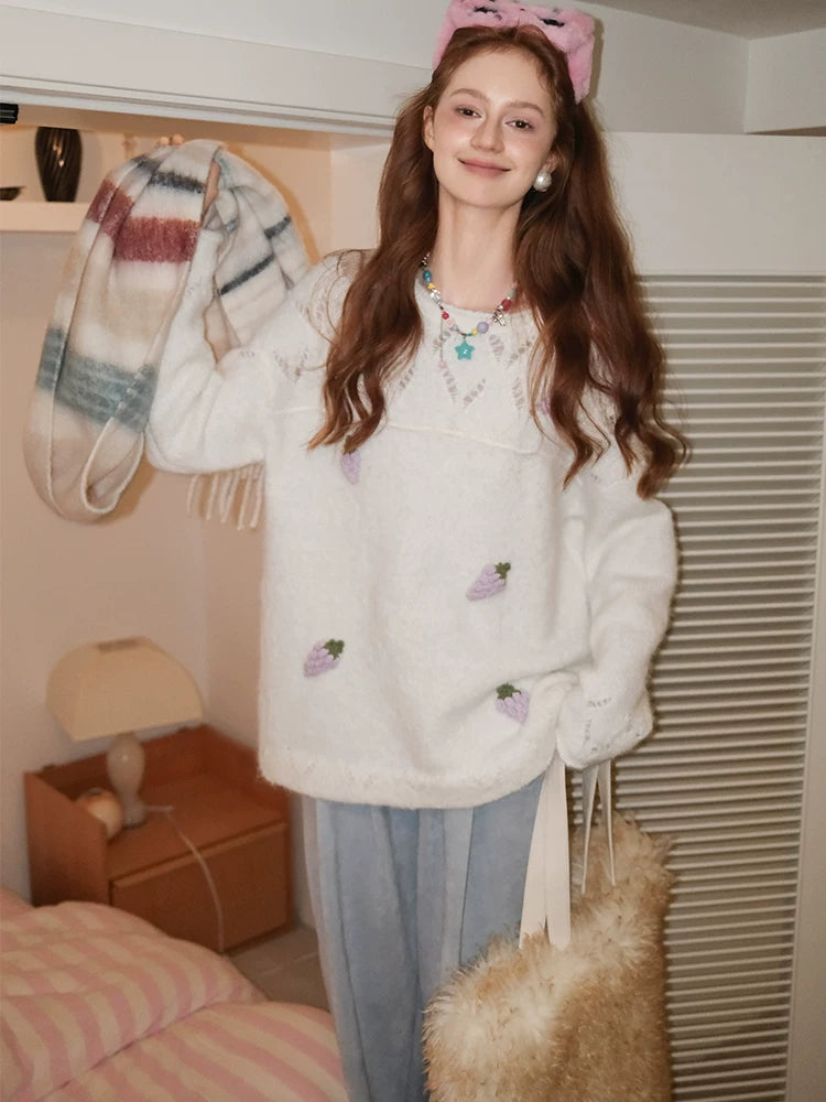 White Hand-Crocheted Grape Knit Sweater