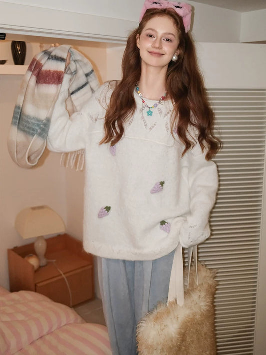 White Hand-Crocheted Grape Knit Sweater