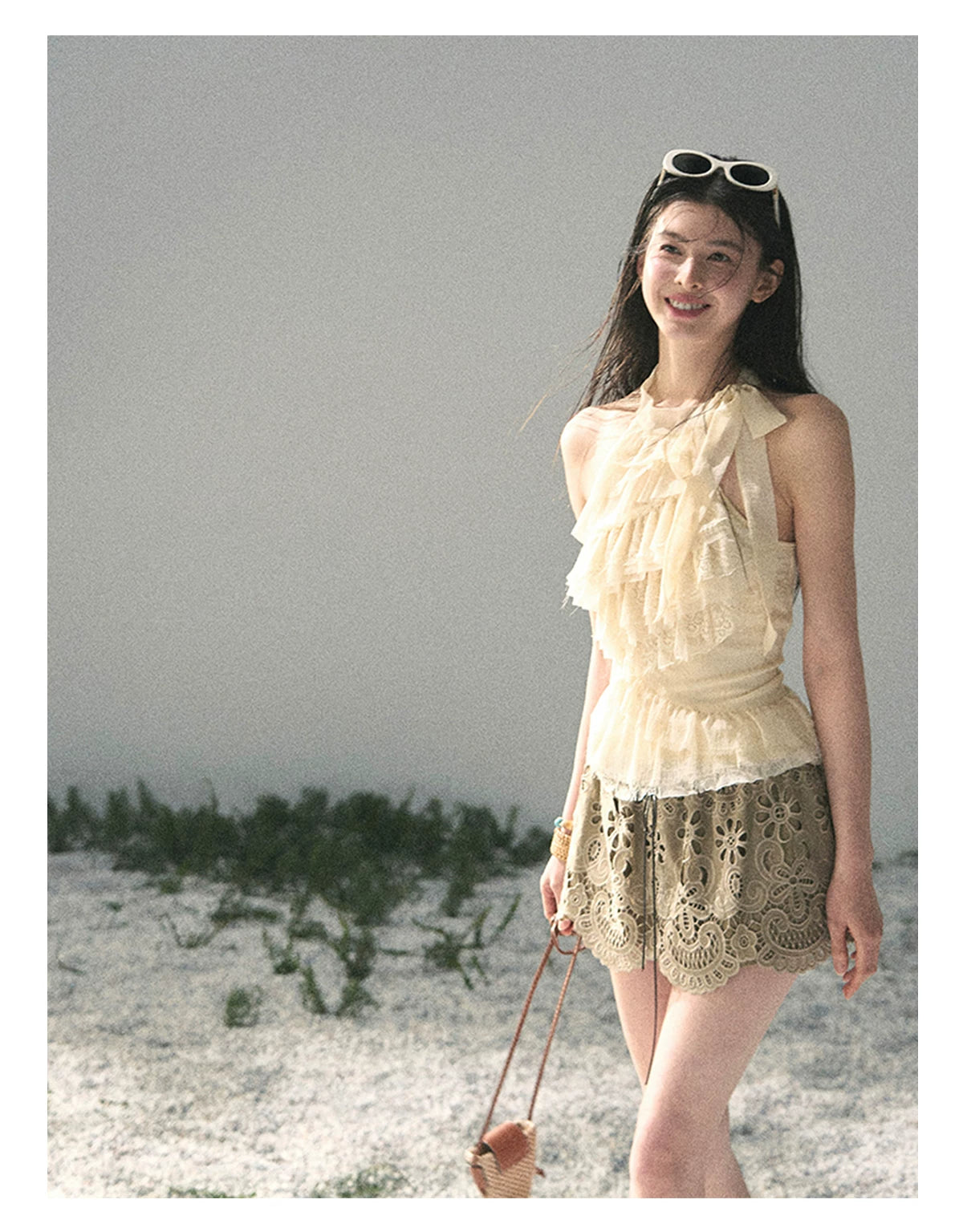 “Spring Traces in Tulle” Pale Butter Lace Halter Top