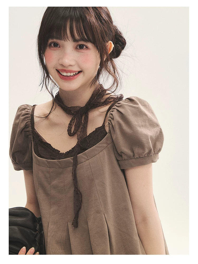 "Tea Brown Reverie" Tea Brown Off-Shoulder Puff Sleeve Knit Top