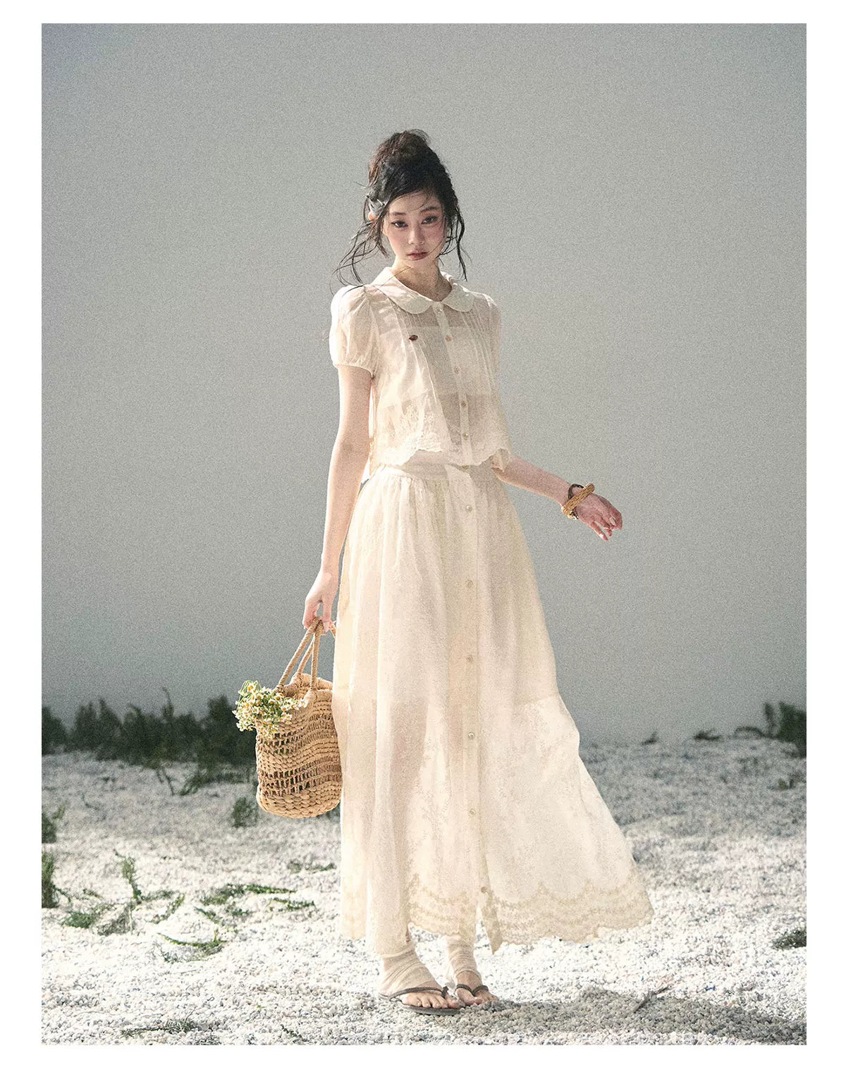 "Apricot Blossom After Rain" Dutch Cheese Lace Blouse & Maxi Skirt Set 532453