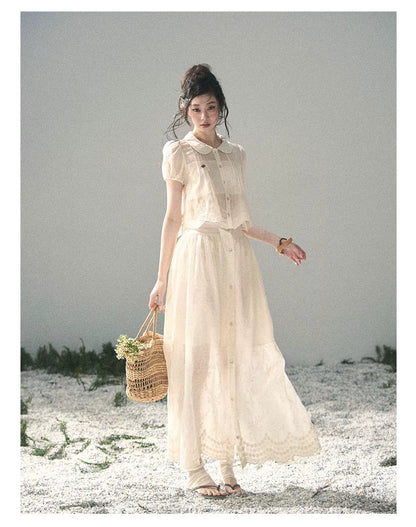"Apricot Blossom After Rain" Dutch Cheese Lace Blouse & Maxi Skirt Set 532453