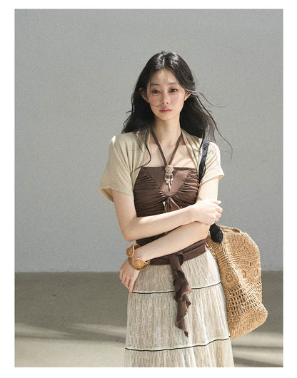 "In the Evening Breeze" Chestnut Brown Halter Ruched Top & Milk Tea Shrug Set