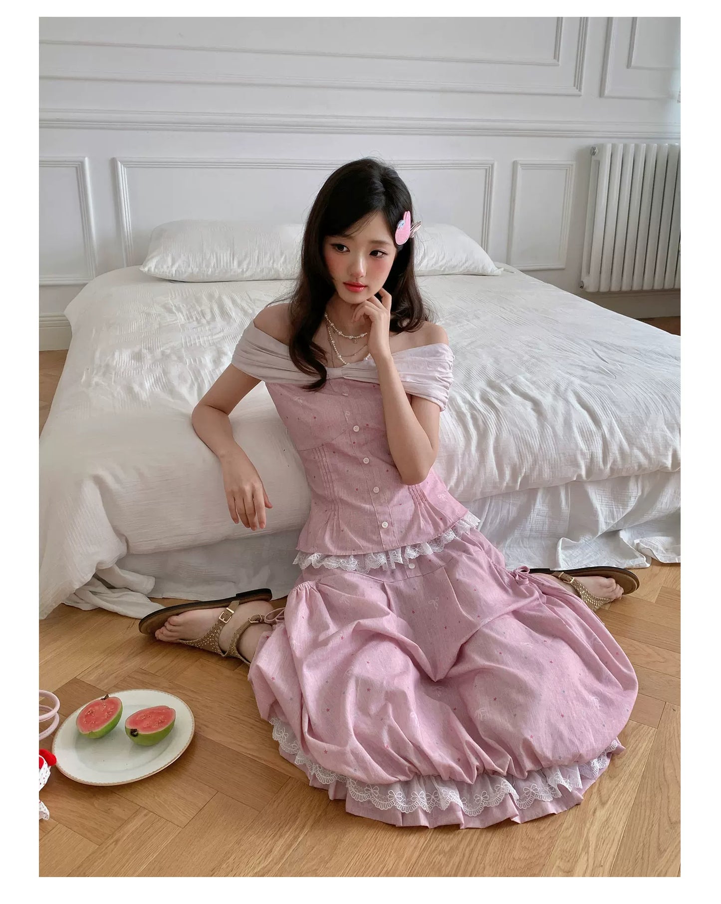 “Peach Mist Starlit Meadow” Pink Off-Shoulder Skirt Set