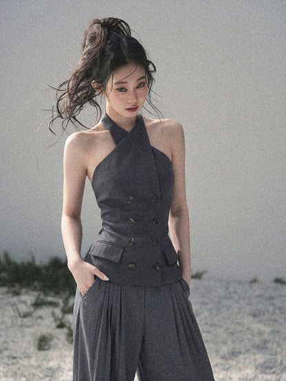 "The Unsent Letter" Deep Slate Gray Halter Tailored Top