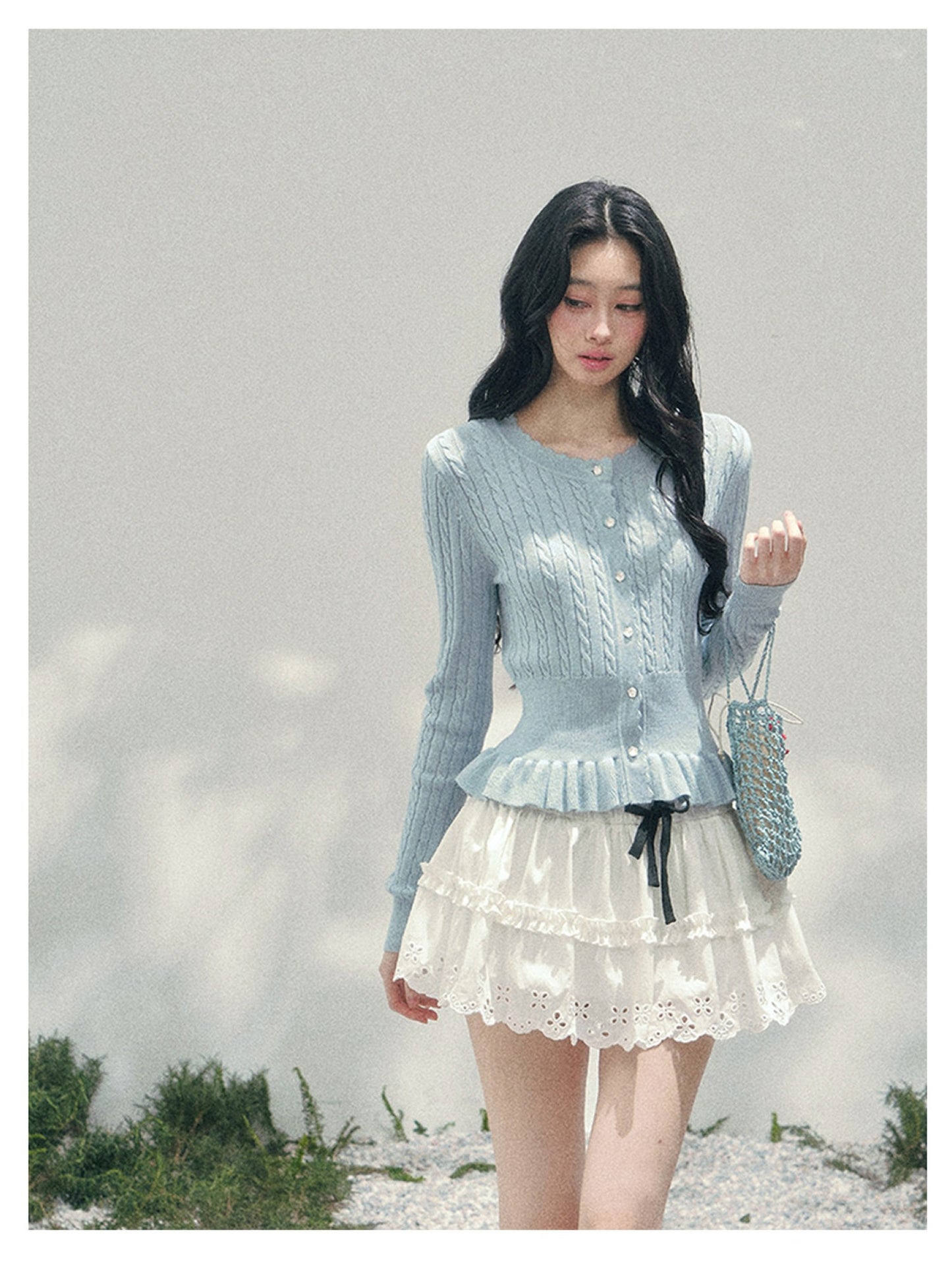 少也眼 “Pearl Whisper” Moonlight Blue Cable-Knit Ruffle-Hem Cropped Cardigan 626586578