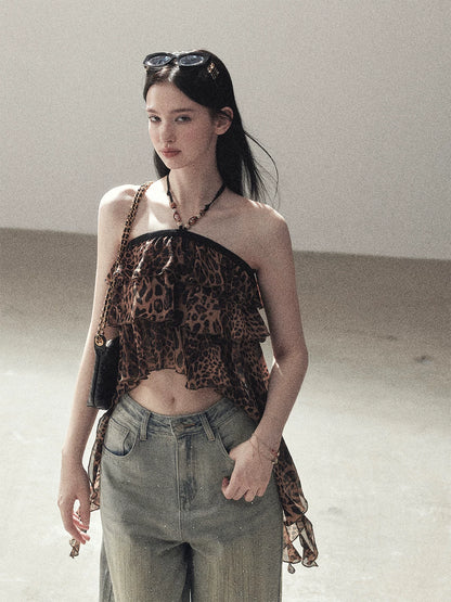 "Chasing the Sunset" Chestnut Brown Leopard Halter Ruffle Crop Top