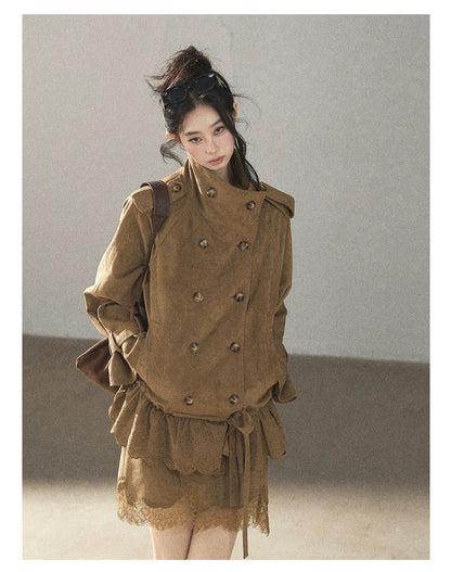 AOMALM - Sandstone Brown Faux-Suede Jacket & Lace-Trim Mini Skirt Set