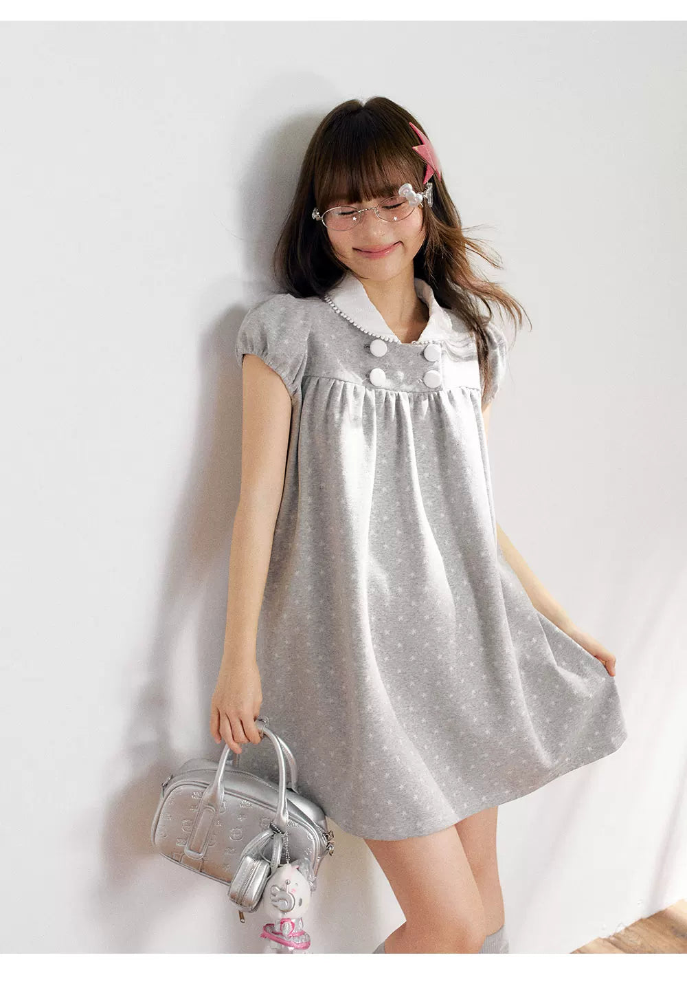 “Grey Sugar Cloud” Grey Polka Dot Doll Collar Dress