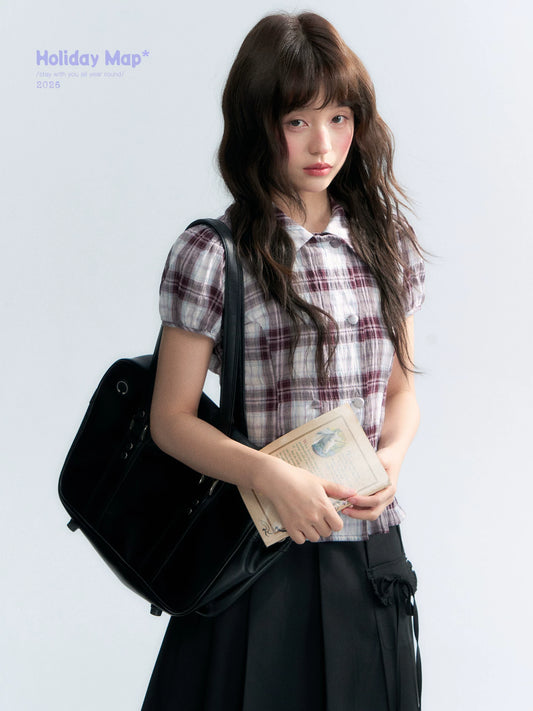 "Violet Mist Bow" Purple Brown Plaid Blouse