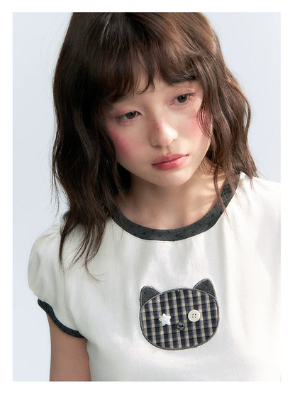 "Hide and Seek" Ivory Cat Patchwork Embroidered Puff Sleeve T-Shirt