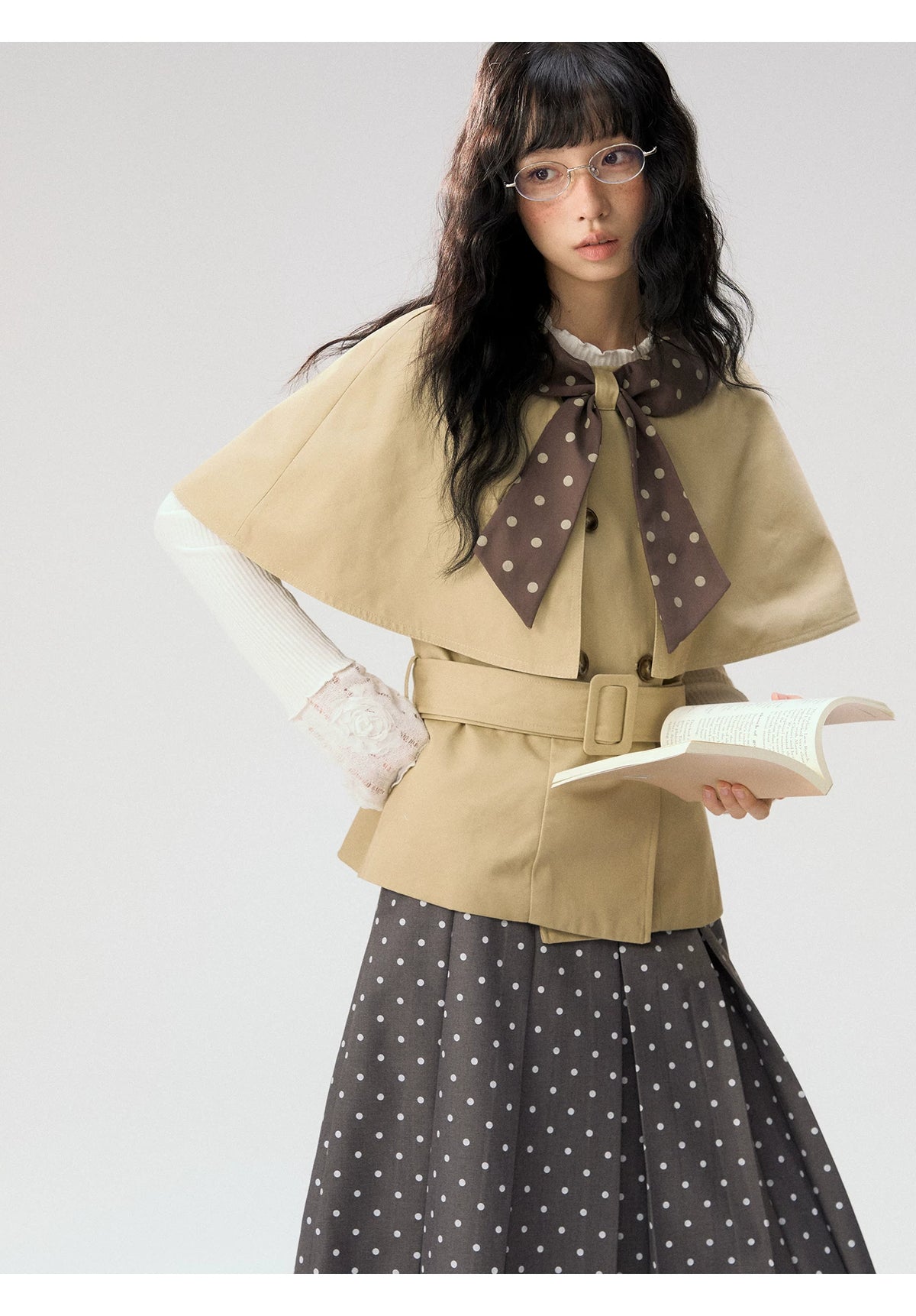 [CAN] “Misty Dot” Gray Polka Dot Pleated A-Line Midi Skirt