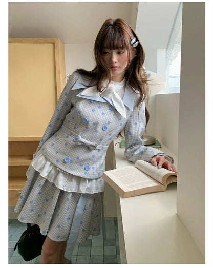 “Bluebell Letter” Light Blue Plaid Blazer Top & Ribbon Skirt