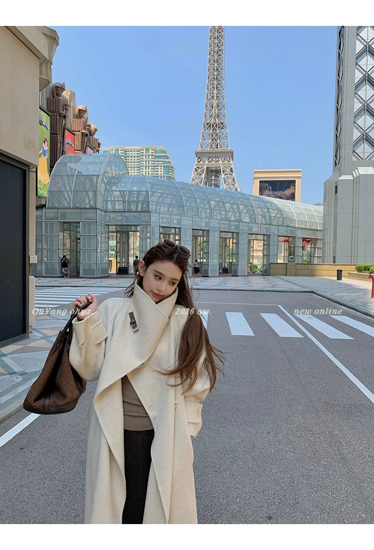 QuQuOuYang - 100% Wool Double-Face Belted Coat with Convertible Collar
