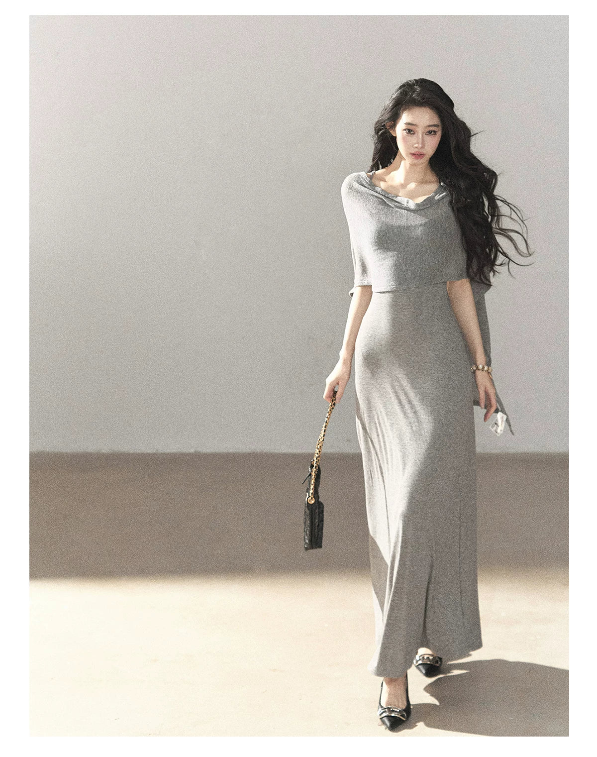 AOMALM - French-Inspired Two-Piece Maxi Dress Set with Layered Cape Overlay