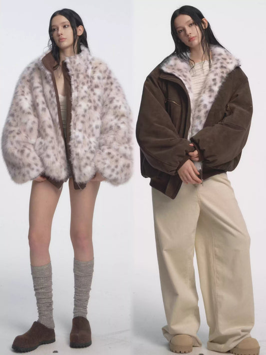 Muirgen - Brown Y2K Reversible Faux Fur Suede Aviator Jacket