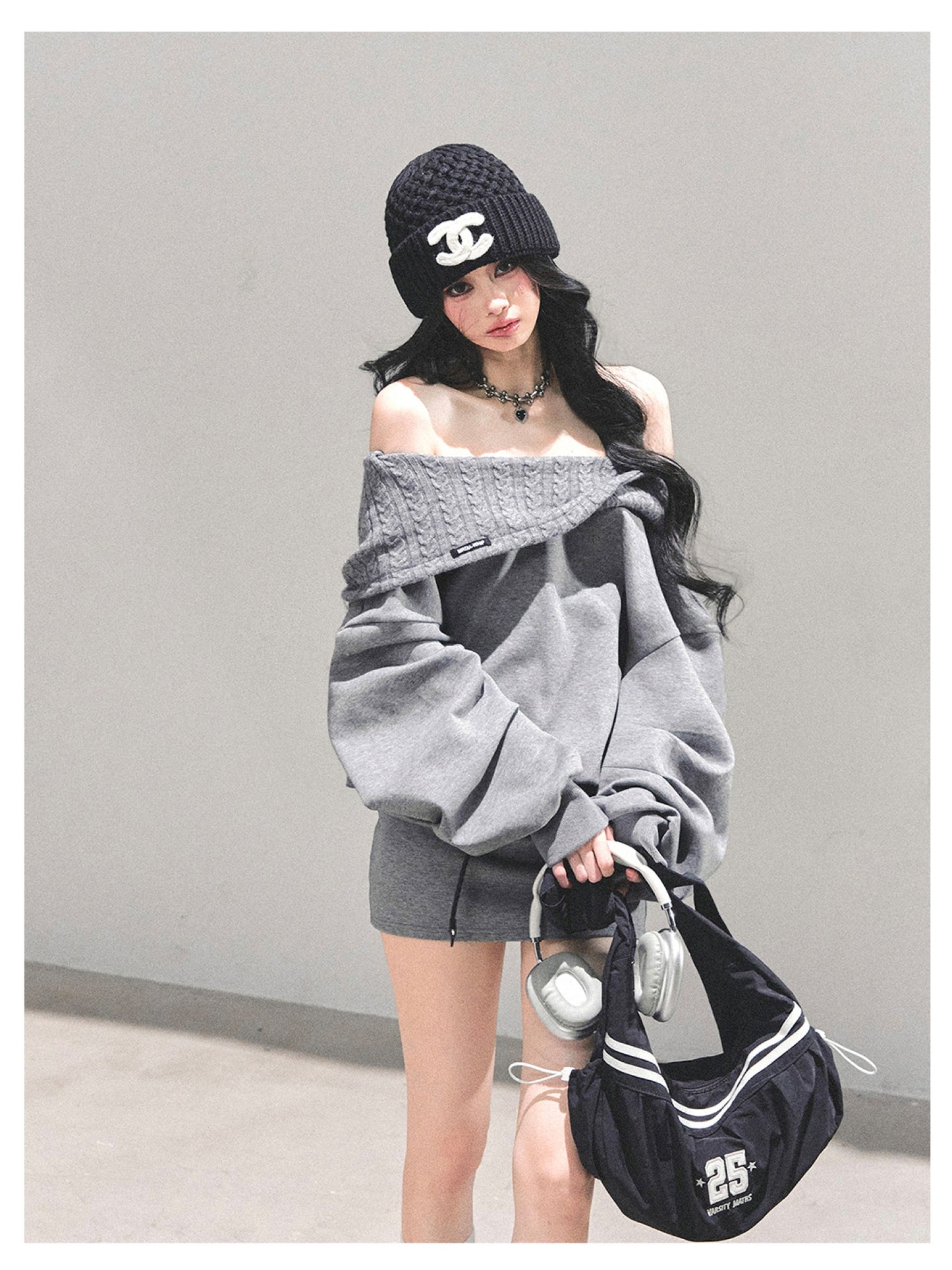少也眼 "Silent Gravity" Off-Shoulder Oversized Sweatshirt (with Belt)
