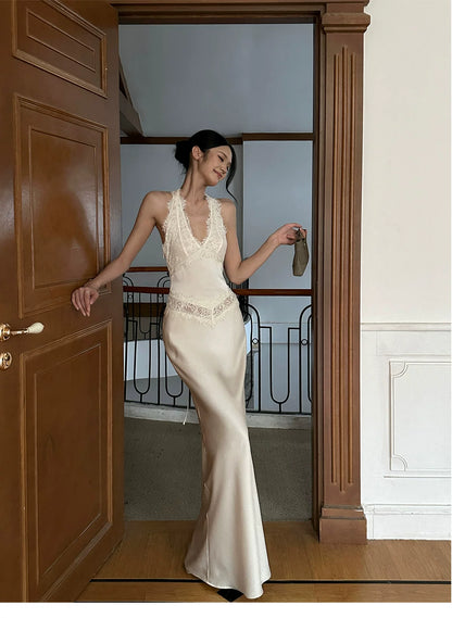 VENUIE - Champagne Satin Lace-Trim Halter Mermaid Maxi Dress