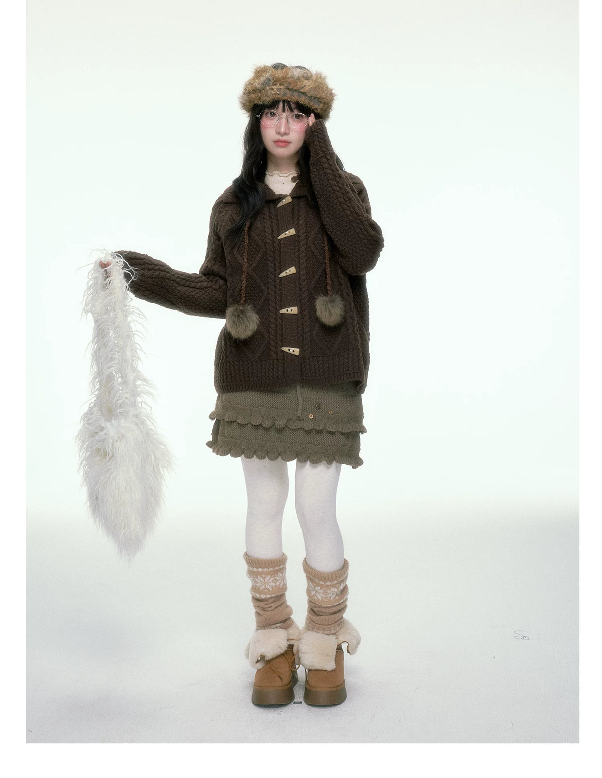 BIBIBENCY - Brown Cable-Knit Cardigan with Toggle Closures