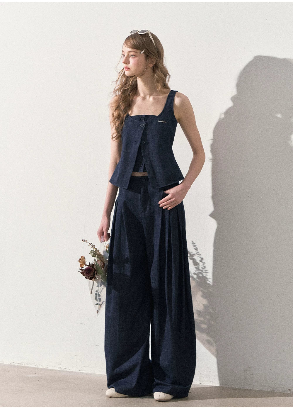 "Season of Ease" Vintage Navy Faux Denim Vest & Wide-Leg Pants Set