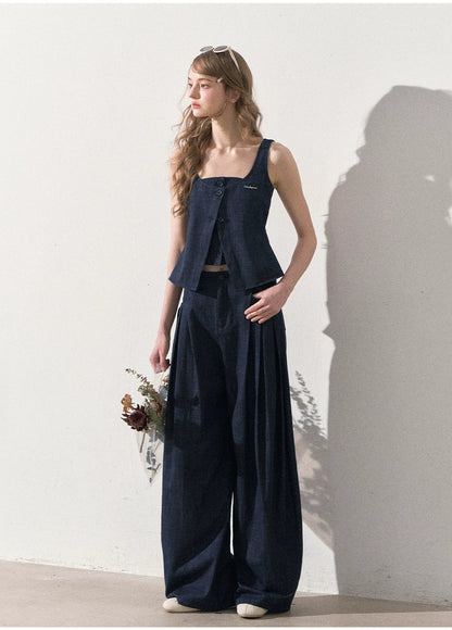 "Season of Ease" Vintage Navy Faux Denim Vest & Wide-Leg Pants Set