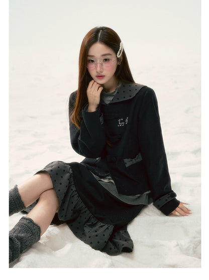 BIBIBENCY - Black Preppy Double-Breasted Cropped Jacket & Skirt