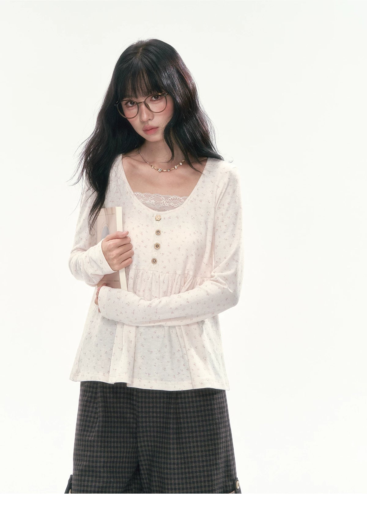 CAN - "A Meadow of Dreams" Apricot Beige Floral Lace-Trim Ruched Top