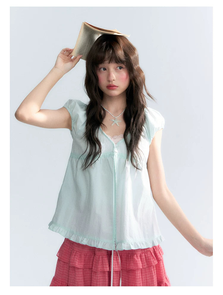 "Mint Morning Glow" Mint Green Lace Tie-Front Cardigan Blouse