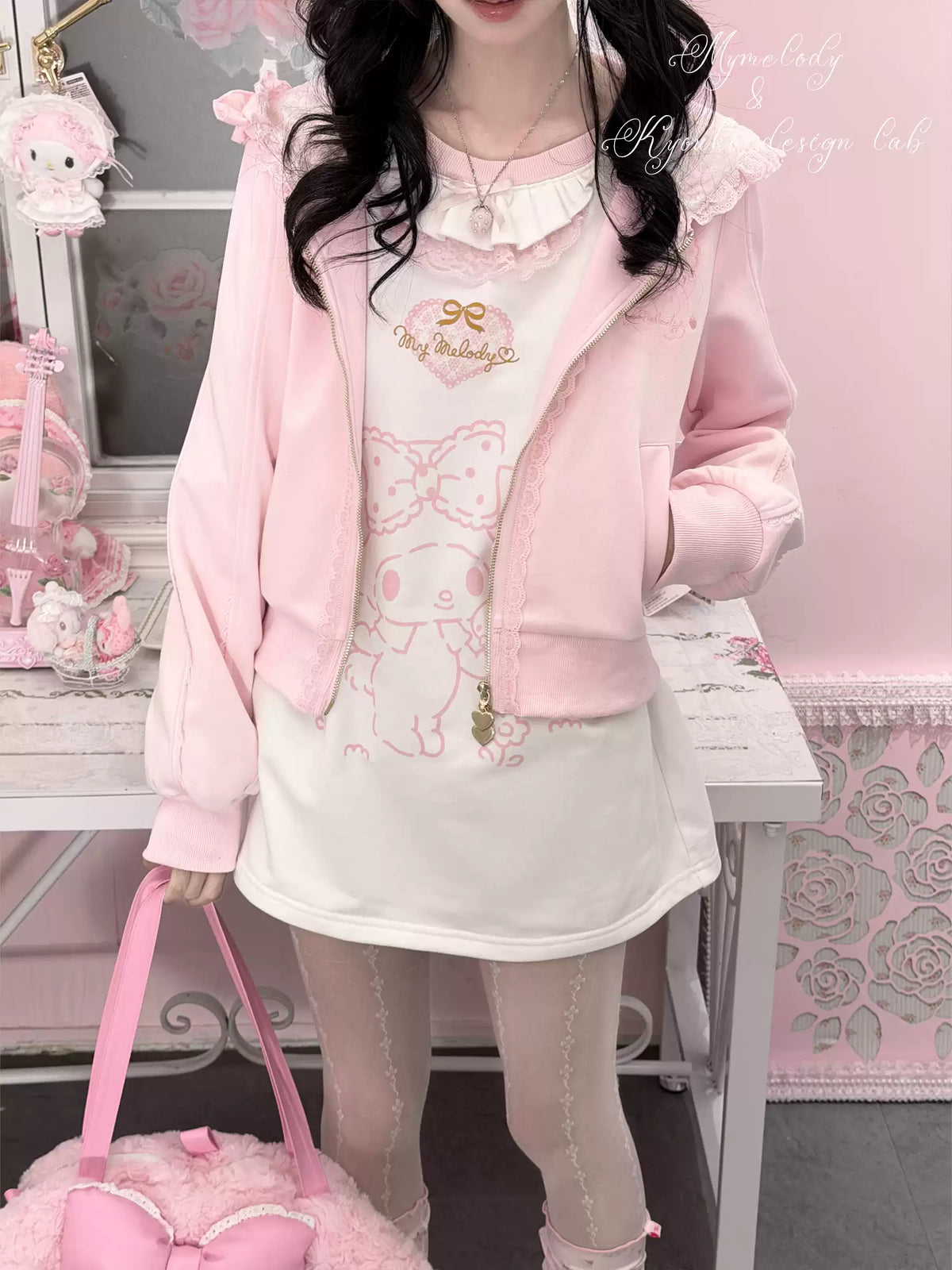 KYOUKO - Pink & White My Melody Ruffle-Trim Raglan Long-Sleeve T-Shirt