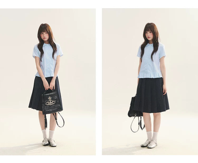 "Citrus Sea Salt" Stripe Lace Peter Pan Collar Pleated Shirt (White Blue / Blue White)